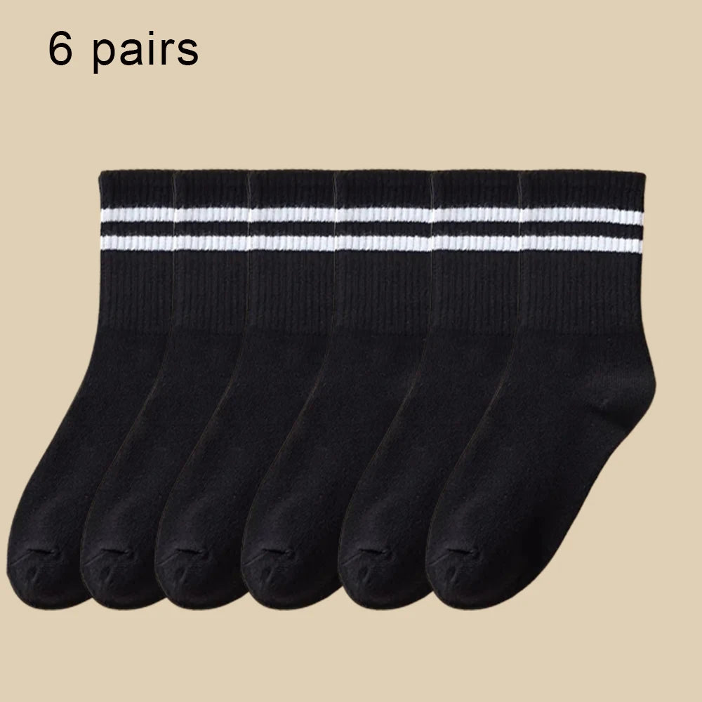 6 Pairs  Women's Mid-Tube Socks Solid Colour Autumn Winter Breathable Comfortable Sport Sweat Absorbent Man And  Women's Socks