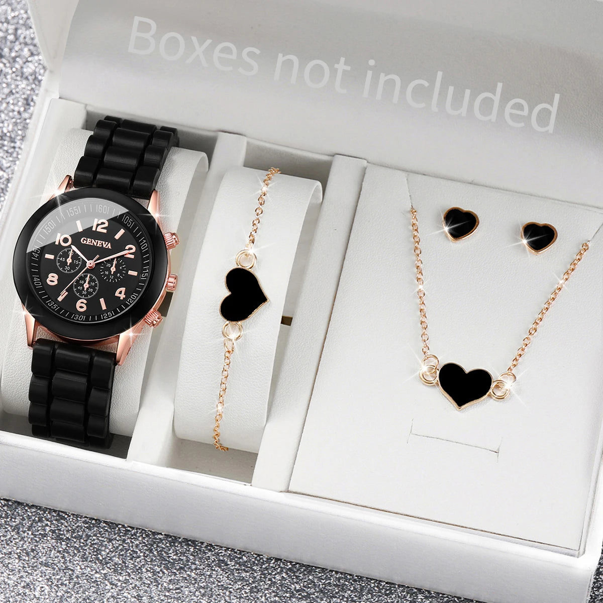 4PCS/Set Geneva Watch Fashion Silicone Band Women Watches Heart Jewelry Set