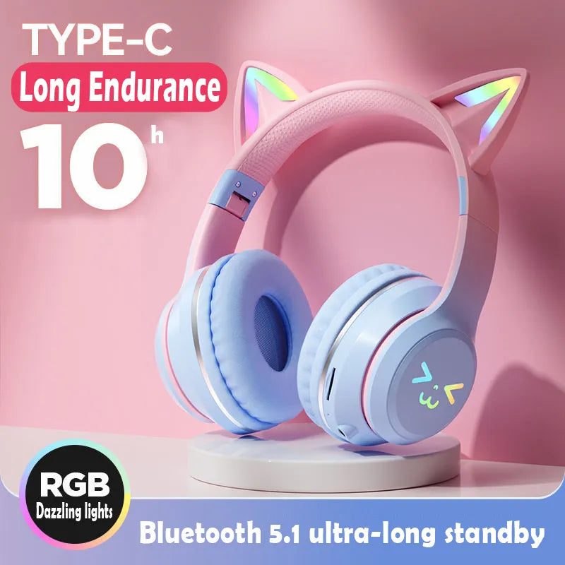 Cat's Ears Headset RGB Light Smile Face TWS Headset Gradient New Headphone Pink Little Girl Earphone Gift Suitable for Any Phone