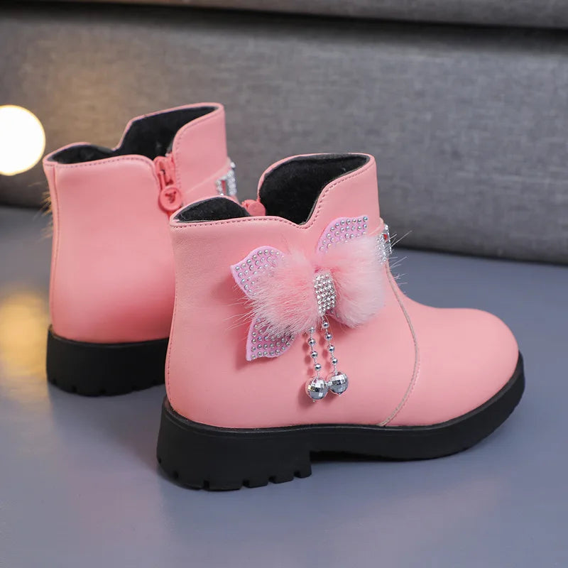 Children's Shoes Girl Mid Length Warm Leather Boots Baby Bow Cute Cotton