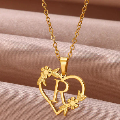 Gold Color Dainty Flower Initials Necklace Women Girl Stainless Steel Heart Letter