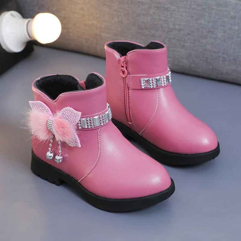 Children's Shoes Girl Mid Length Warm Leather Boots Baby Bow Cute Cotton