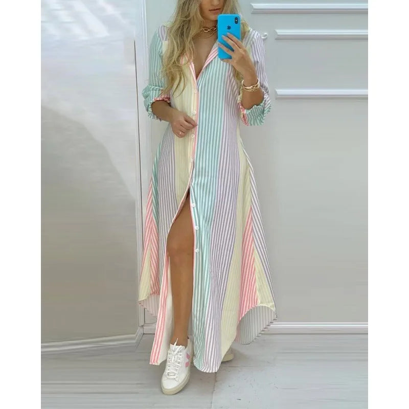 Long Shirts Dress Summer Turn-down Collar Long Sleeve Party Dress Female