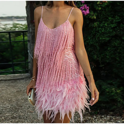 2023 New Sexy Tassel Sequins Feather Mini Dress Women Spaghetti Strap Stitching Dresses Female Elegant Evening Party Club Dress