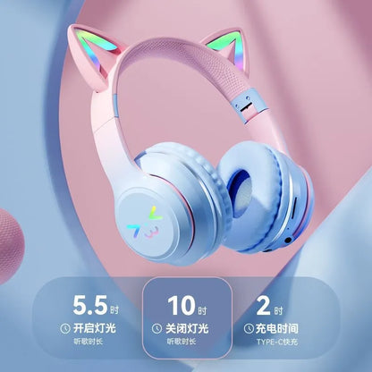 Cat's Ears Headset RGB Light Smile Face TWS Headset Gradient New Headphone Pink Little Girl Earphone Gift Suitable for Any Phone