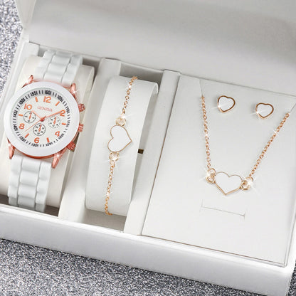 4PCS/Set Geneva Watch Fashion Silicone Band Women Watches Heart Jewelry Set