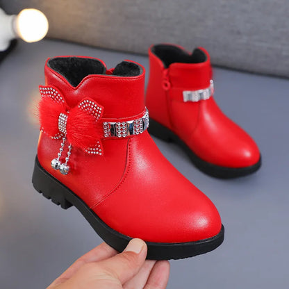 Children's Shoes Girl Mid Length Warm Leather Boots Baby Bow Cute Cotton