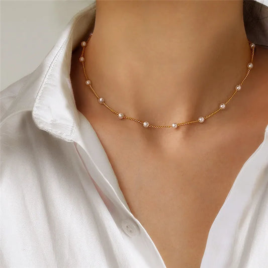 New Beads Women's Neck Chain Kpop Pearl Choker Necklace Gold Color