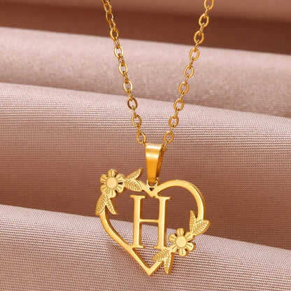 Gold Color Dainty Flower Initials Necklace Women Girl Stainless Steel Heart Letter