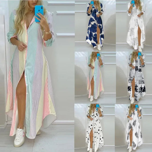 Long Shirts Dress Summer Turn-down Collar Long Sleeve Party Dress Female