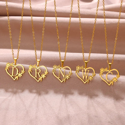 Gold Color Dainty Flower Initials Necklace Women Girl Stainless Steel Heart Letter