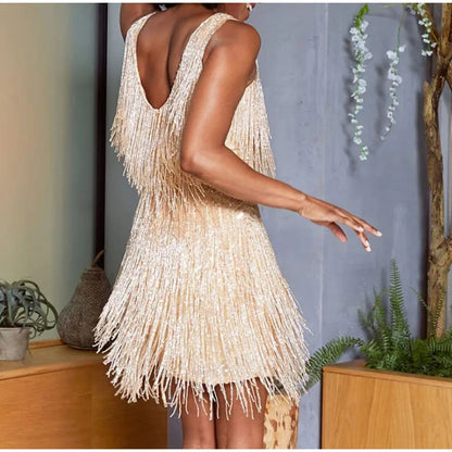 2023 New Sexy Tassel Sequins Feather Mini Dress Women Spaghetti Strap Stitching Dresses Female Elegant Evening Party Club Dress