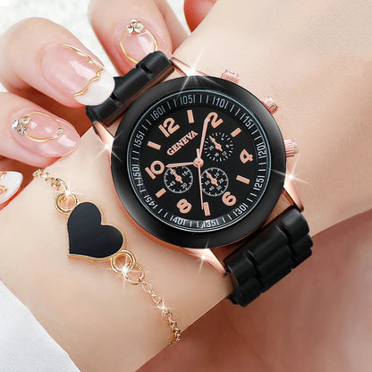 4PCS/Set Geneva Watch Fashion Silicone Band Women Watches Heart Jewelry Set